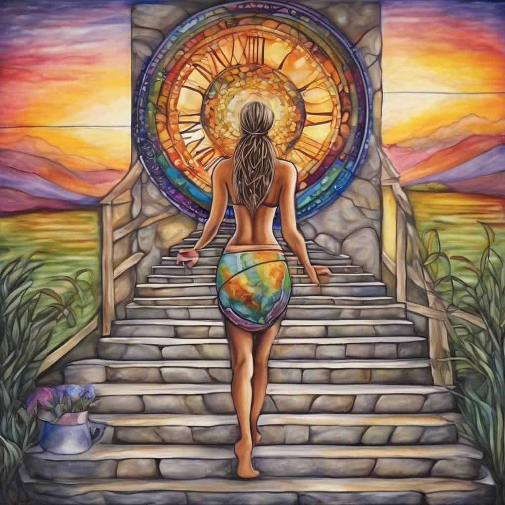 Φιλοσοφική τέχνη, γυναικεία φιγούρα και κλεψύδρα, συμβολισμός χρόνου και ευτυχίας, κατάλληλο για εικόνες θετικής ενέργειας και αυτοβελτίωσης.