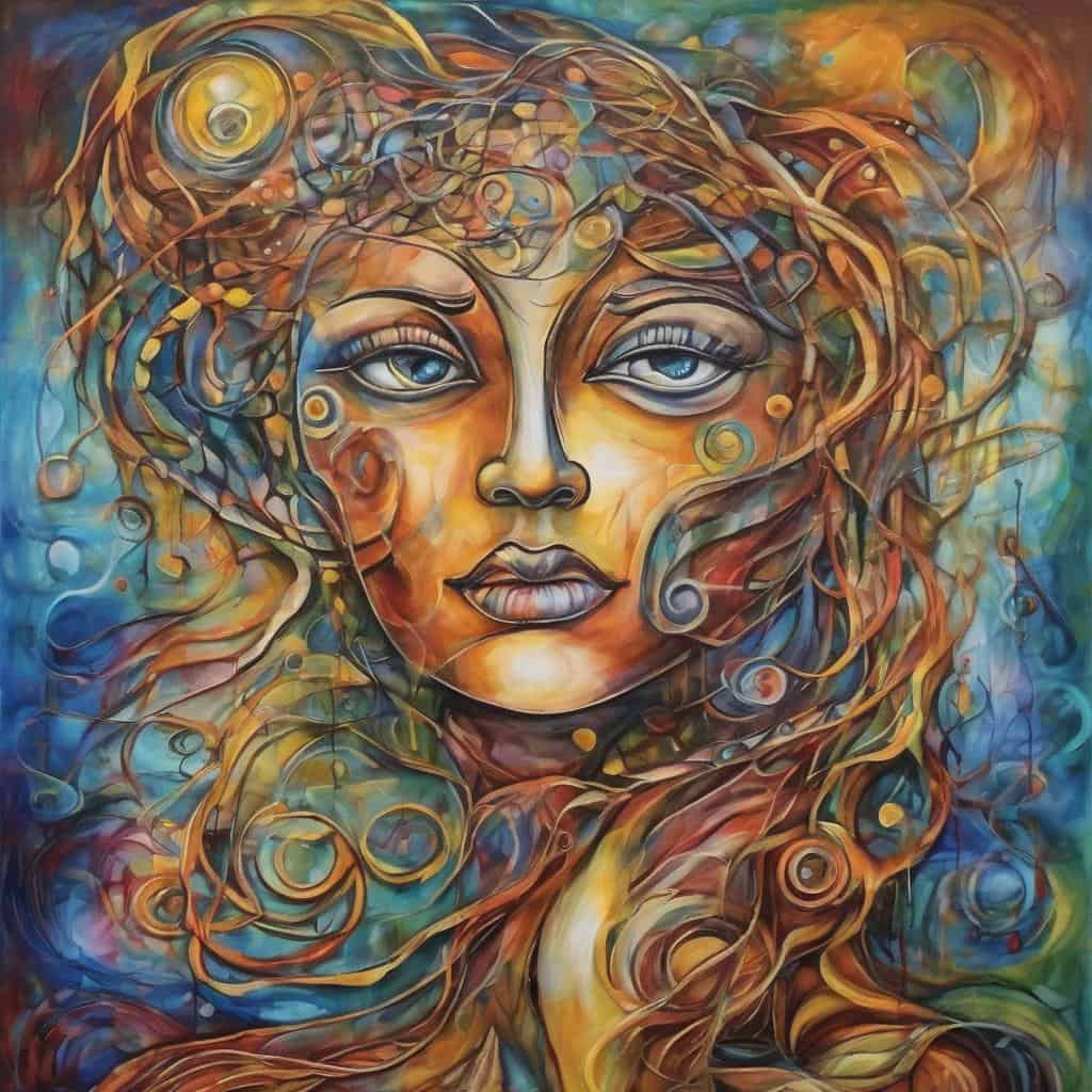 Απλόγλυφα όμορφη γυναίκα με πολύχρωμη αφηρημένη τέχνη και ψυχεδελικά μοτίβα, εκφράζοντας ευτυχία και αυτοεκτίμηση.