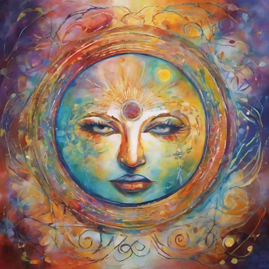 Ανθρώπινη μορφή με ηλιακό σύμβολο στο μέτωπο, πολύχρωμα εστίαση και αίσθηση θετικής ενέργειας.