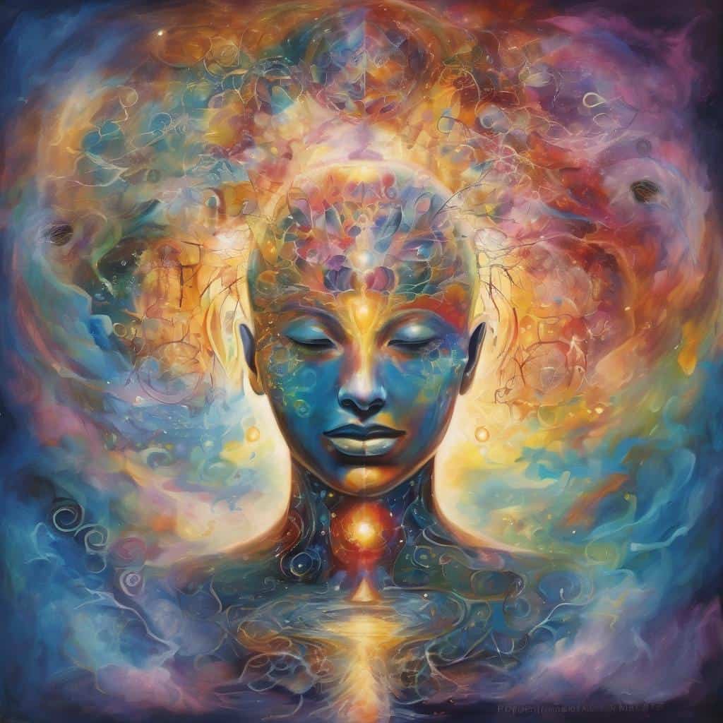 Ουράνιο πνευματικό ον με πολύχρωμα φωτεινά στοιχεία και ανθρώπινη μορφή, σύμβολο εσωτερικής ευτυχίας και αυτογνωσίας.