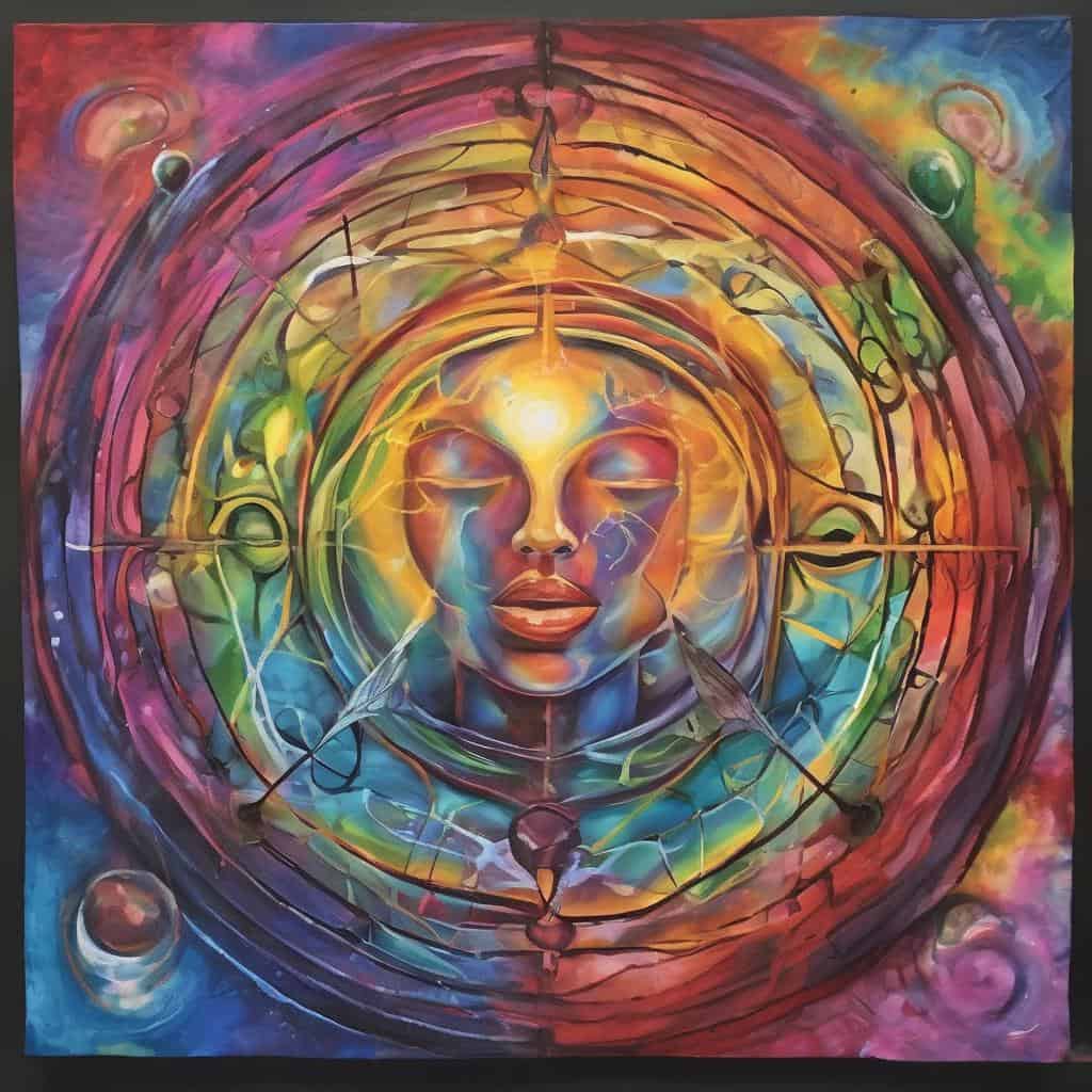 Αντίθετο κείμενο: Ζωγραφιά με αφαιρετικό σχεδιασμό ανθρώπινου προσώπου και πολύχρωμων κυκλικών μοτίβων.