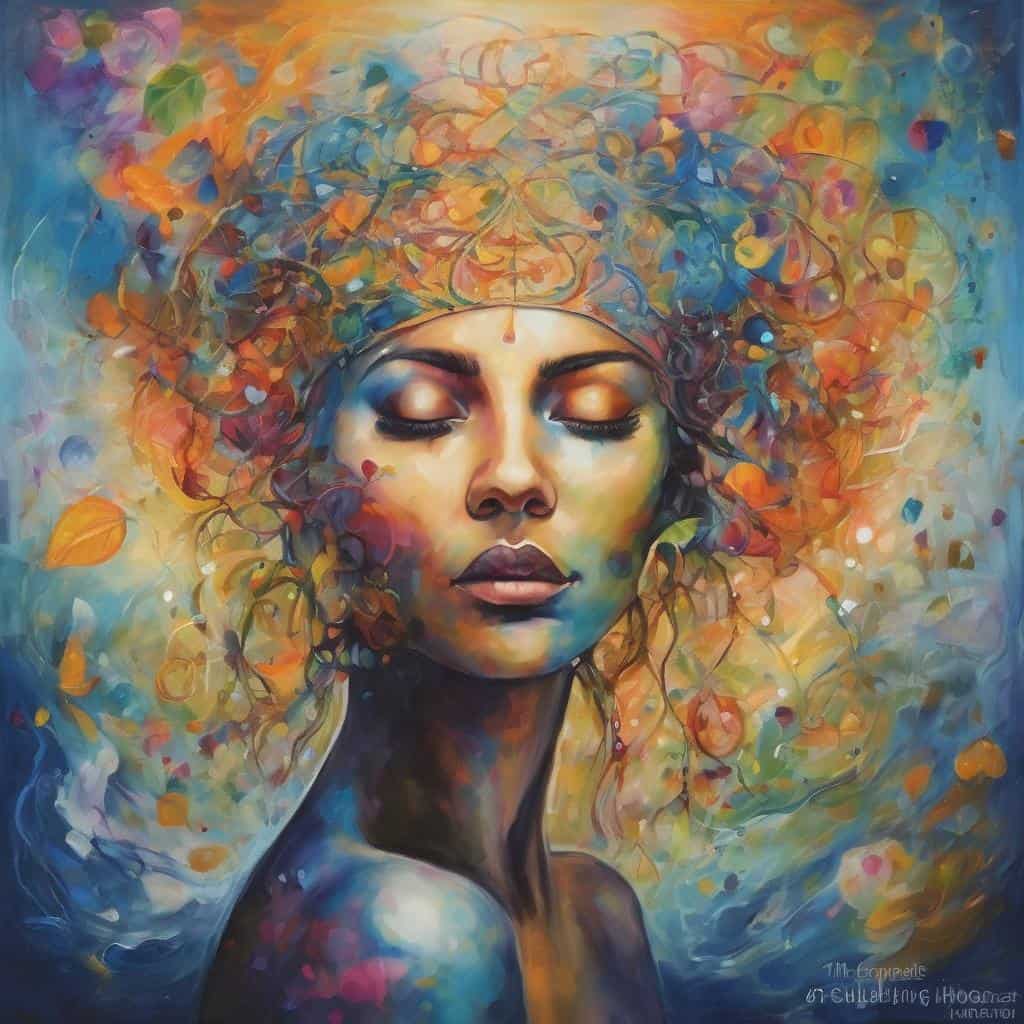 χαρούμενη γυναίκα με πολύχρωμο αφηρημένο σκίτσο, ευτυχία και αυτοεκτίμηση, τέχνη και δημιουργικότητα, εκφραστική και αισθητική εικόνα.